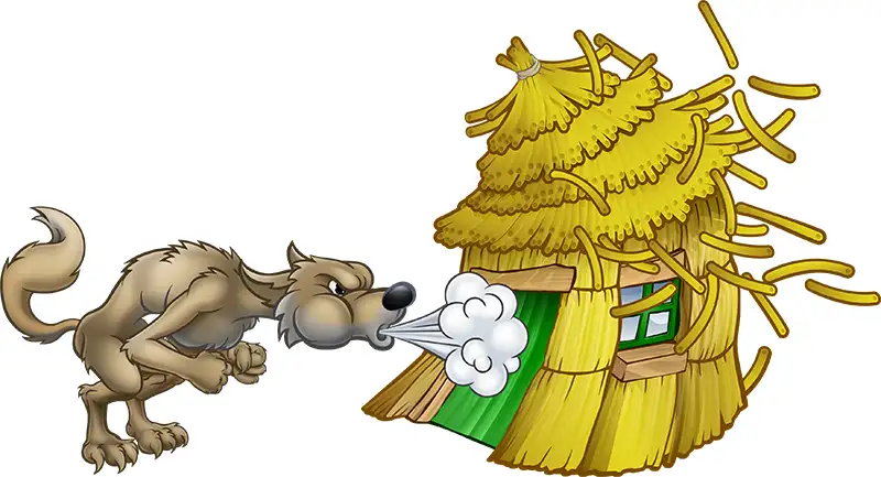 illustration of wolf blowing down straw house