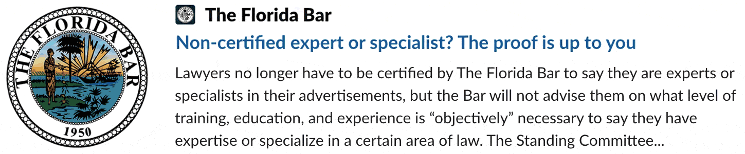 FL Bar: Non-certified expert or specialist? The proof is up to you